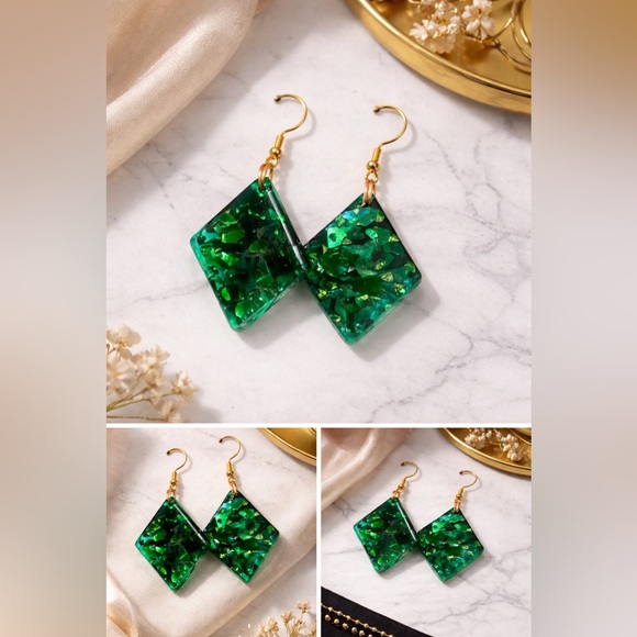 Hand Crafted Jewelry - Handmade Emerald Green Resin Dangle Earrings Unique Statement Jewelry